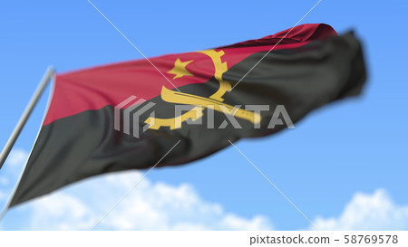 Flying national flag of Angola, low angle view. Realistic 3D rendering Flying national flag of Angola, low angle view. Realistic 3D rendering 58769578