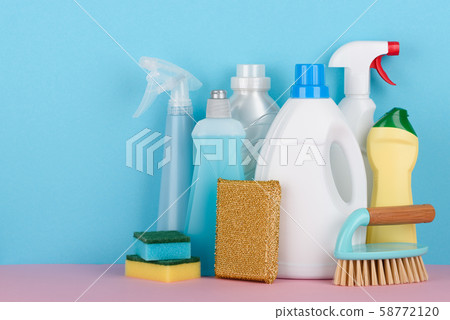 Cleaning supplies and tools set for different housework. Bathroom, kitchen, office house cleaning service equipment. 58772120