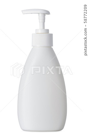 Cosmetic liquid bottle with pump dispenser isolated on white background. 58772209