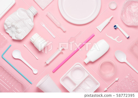 Single use plastics for recycling top view flat lay. Environment eco friendly discarded plastic garbage collection for recycle concept. 58772395