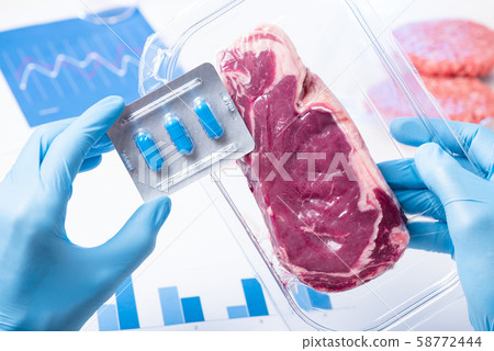 Vacuum packaged meat and drugs pills pack in laboratory scientist hands. Livestock meat antibiotic and hormone use concept. 58772444