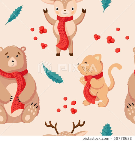 Seamless Christmas pattern background with animals and holiday attributes 58778688