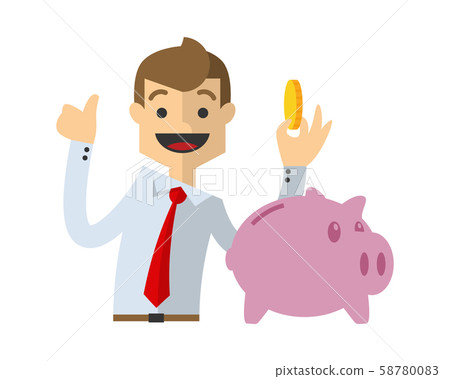 Businessman or employee saving a gold coin Businessman or employee saving a gold coin 58780083