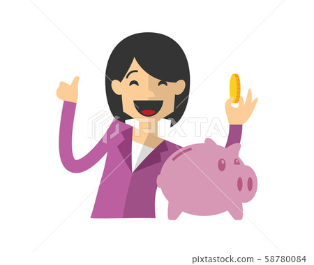 Businesswoman or employee saving a gold coin Businesswoman or employee saving a gold coin 58780084