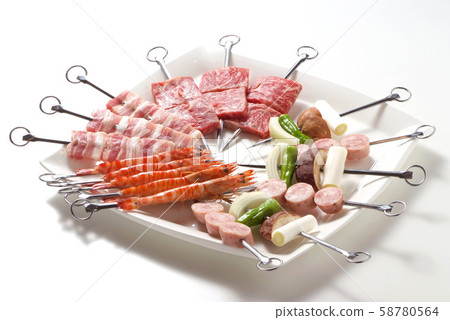 Food BBQ ingredients, skewers, party menu, skewers, barbecue, meat, fish, grilled Food BBQ ingredients, skewers, party menu, skewers, barbecue, meat, fish, grilled 58780564