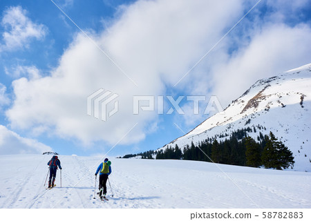 Two hikers, skiers with backpacks trekking on skis up snowy hill. Winter active vacations concept. Two hikers, skiers with backpacks trekking on skis up snowy hill. Winter active vacations concept. 58782883