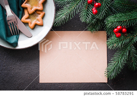 Christmas festive table setting with xmas decorations. 58783291