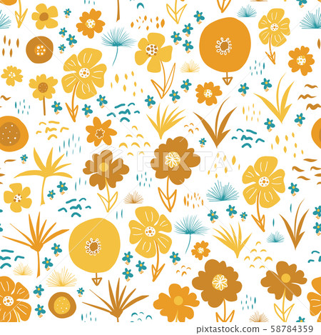 Orange Yellow Teal Autumn florals Scandinavian style seamless vector pattern. Flat stylized flowers Orange Yellow Teal Autumn florals Scandinavian style seamless vector pattern. Flat stylized flowers 58784359