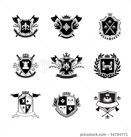 Ornate royal shield badge set isolated on white background 58784771