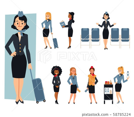 Air hostess or stewardess welcomes passengers flat vector illustration isolated. Air hostess or stewardess welcomes passengers flat vector illustration isolated. 58785224