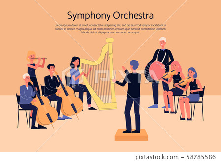 Symphony orchestra musicians playing classical instrumental music on stage 58785586