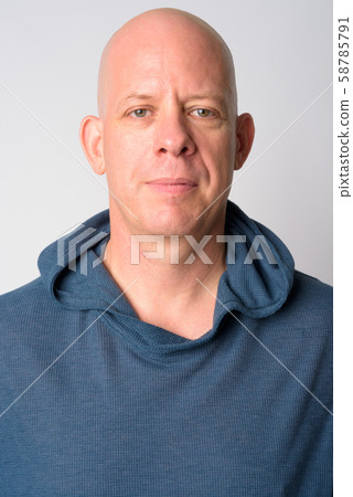 Face of mature handsome bald man wearing hoodie Face of mature handsome bald man wearing hoodie 58785791