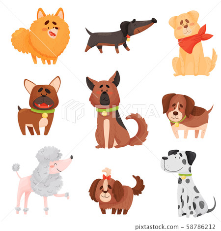 Set of cartoon dogs of different breeds. Vector... - Stock Illustration ...