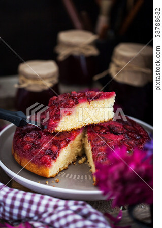 Fresh homemade upside-down plum cake 58788682