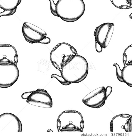 Seamless pattern with black and white teapots,... - Stock Illustration ...