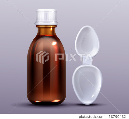 Cough syrup bottle and plastic spoon, pharmacy Cough syrup bottle and plastic spoon, pharmacy 58790482
