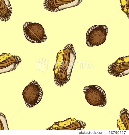 Seamless pattern with hand drawn colored eclair, truffle Seamless pattern with hand drawn colored eclair, truffle 58790537