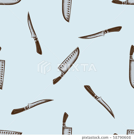 Seamless pattern with hand drawn colored Chef s knifes 58790608