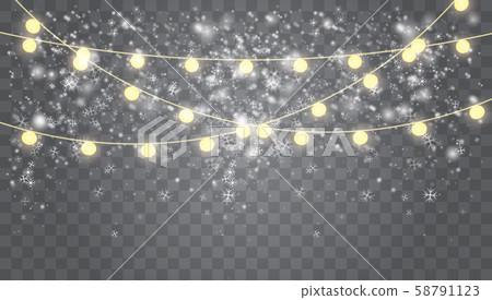 Falling white snow with glowing garland. Falling white snow with glowing garland. 58791123