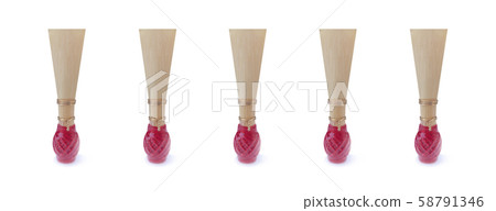 Double reed for bassoon with red thread on a wide white background. Five mouthpieces for wind musical instruments. With a slight shadow. 58791346