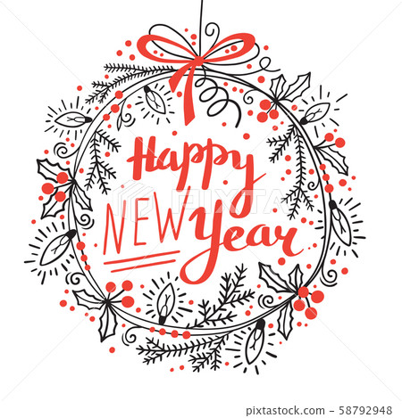 Happy New Year card. Festive wreath of fir... - Stock Illustration ...