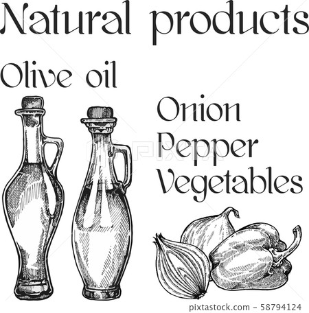 Vegetable oil assorted bottles set. Olive, sunflower, soybean illustration. Vegetable oil assorted bottles set. Olive, sunflower, soybean illustration. 58794124