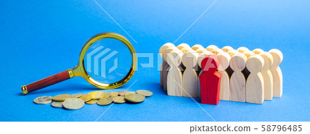 Coins, magnifying glass and a team of employees. Coins, magnifying glass and a team of employees. 58796485