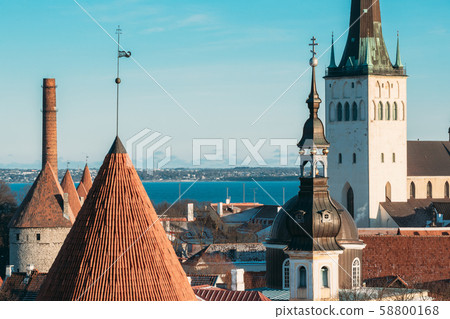 Tallinn, Estonia. Part Of Tallinn City Wall With Towers, At The Top Of Photo There Is Tower Of Tallinn, Estonia. Part Of Tallinn City Wall With Towers, At The Top Of Photo There Is Tower Of 58800168