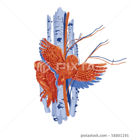 Two forest owls with birsh trunks on the background. 58801191