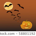 Halloween bats flying from scary pumpkin face to the Moon in twilight sky background, watercolor style, vector illustration. 58801192