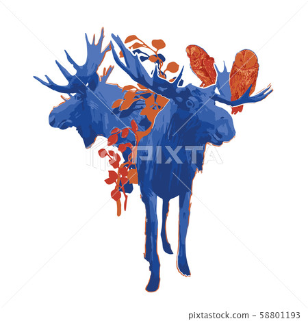 Two standing moose and two owls sitting on the horn Two standing moose and two owls sitting on the horn 58801193