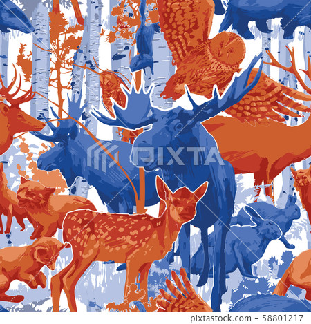 Group of different forest animals with birch trees and bushes 58801217