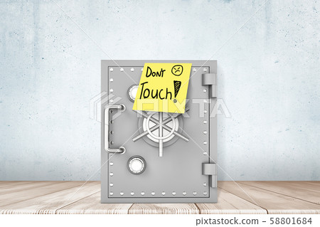 3d close-up rendering of closed metal safe with yellow post-it note saying 'Don't Touch', standing 3d close-up rendering of closed metal safe with yellow post-it note saying 'Don't Touch', standing 58801684