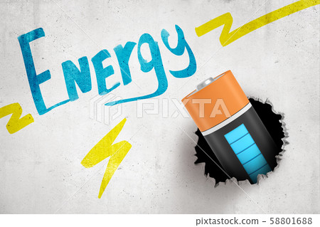 3d cloe-up rendering of white wall with title 'Energy', hole and electric battery emerging from this 3d cloe-up rendering of white wall with title 'Energy', hole and electric battery emerging from this 58801688