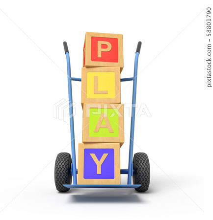 3d rendering of colorful alphabet toy blocks showing 'PLAY' sign on a hand truck 3d rendering of colorful alphabet toy blocks showing 'PLAY' sign on a hand truck 58801790