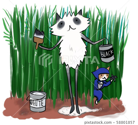 A dog who applies panda body paint and a ninja cat appearing from a bamboo basket 58801857