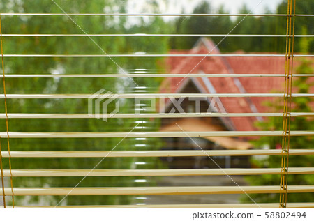 Through window blinds on a tree a red roof 58802494