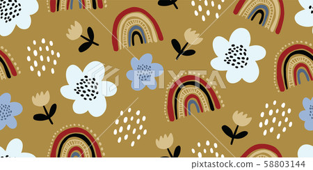 Seamless pattern with colorful flowers and rainbow - Stock Illustration ...