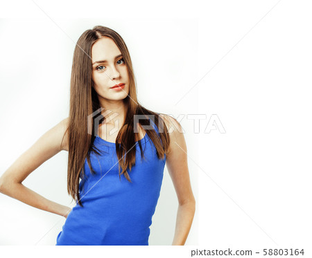 young pretty stylish hipster girl posing emotional isolated on white background happy smiling cool 58803164