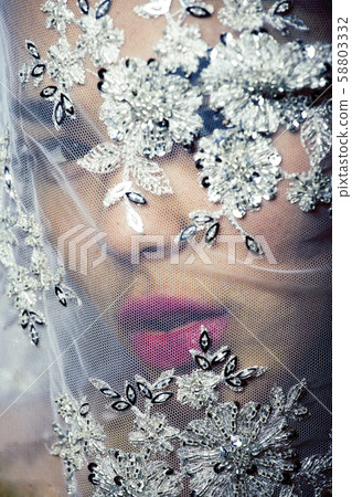 portrait of beauty young afro woman through white lace, like new bride under veil close up portrait of beauty young afro woman through white lace, like new bride under veil close up 58803332