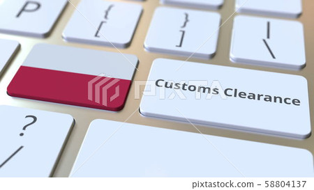 CUSTOMS CLEARANCE text and flag of Poland on the computer keyboard. Import or export related 58804137
