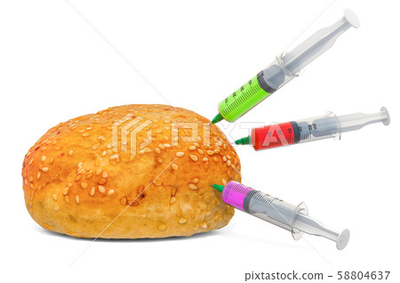 Hamburger bun with a syringes full of chemicals Hamburger bun with a syringes full of chemicals 58804637