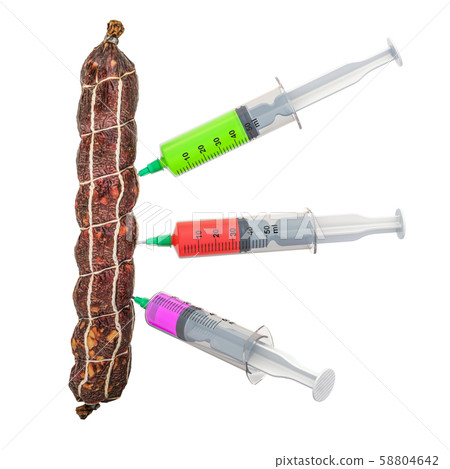 Dry sausage with a syringes full of chemicals Dry sausage with a syringes full of chemicals 58804642