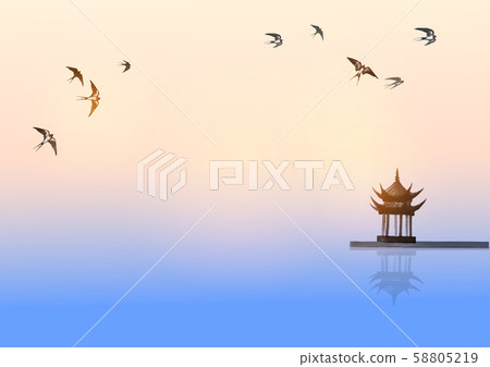 Pagoda temple over the water surface and swallow birds flying in the sky. Traditional oriental ink 58805219