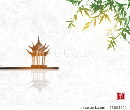 Pagoda temlple over the water surface and green bamboo tree on rice paper backgrund. Traditional Pagoda temlple over the water surface and green bamboo tree on rice paper backgrund. Traditional 58805221