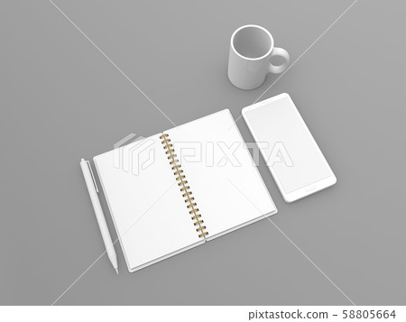 Notepad smartphone mug pen mockup on gray Notepad smartphone mug pen mockup on gray 58805664