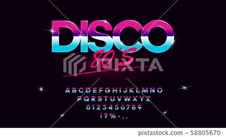 Retrowave synthwave vector font in 1980s style. Retro design letters, numbers, symbols and set of 58805670