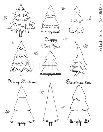 Vector illustrations. Set of hand drawn Christmas trees and snowflakes isolated on a white Vector illustrations. Set of hand drawn Christmas trees and snowflakes isolated on a white 58806329