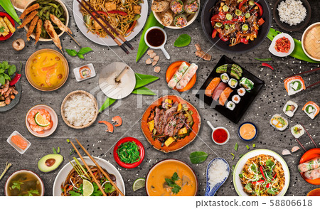 Asian food background with various ingredients on rustic stone background , top view. 58806618