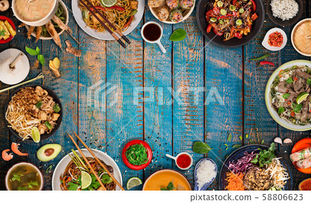 Asian food background with various ingredients on rustic stone background , top view. 58806623
